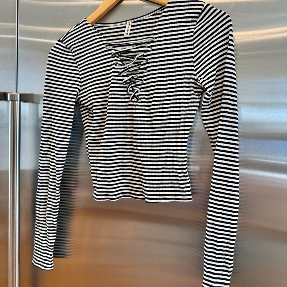 Lf Emma And Sam Black White Striped Ribbed Long Sleeve Top With Lace Up Front
